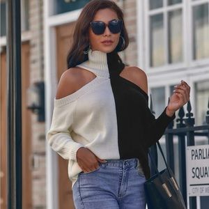 Shein | black and white contrast turtleneck sweater with shoulder cut out
